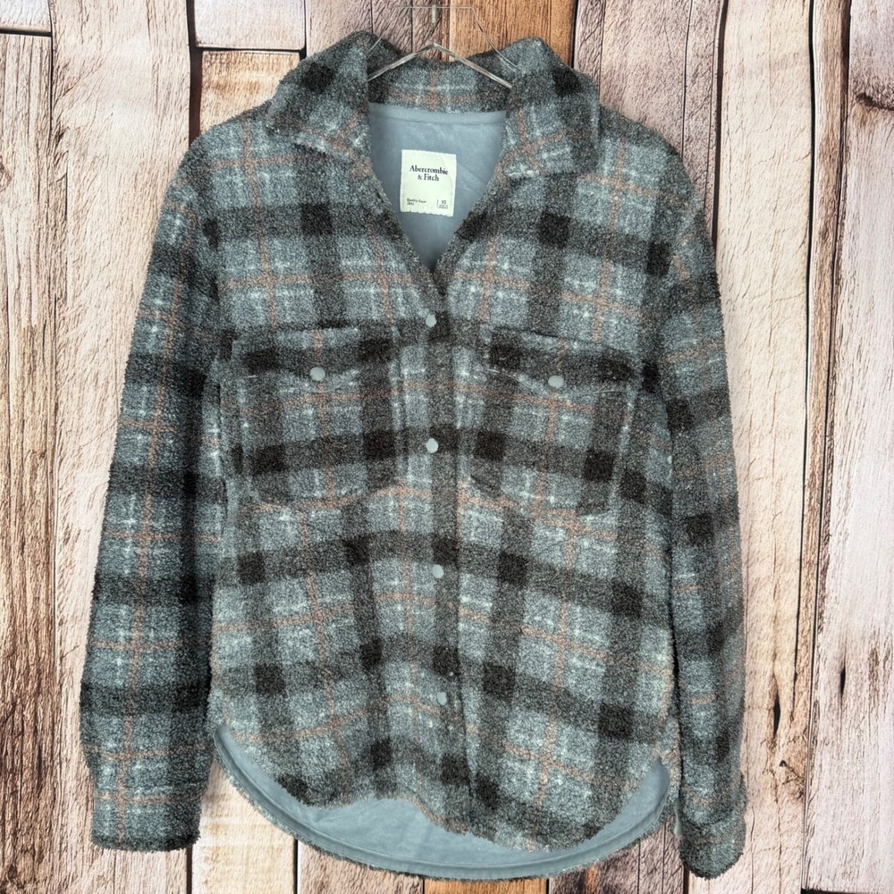 Abercrombie & Fitch Shirt Sherpa Plaid Shacket Cabin Outdoors Cozy Fall Top‎ XS